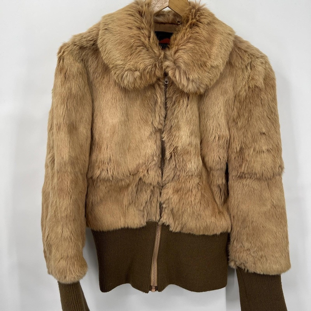 Fox Run Vtg Genuine Rabbit Fur Bomber Jacket Tan Brown Ribbed Knit XS 60s Retro